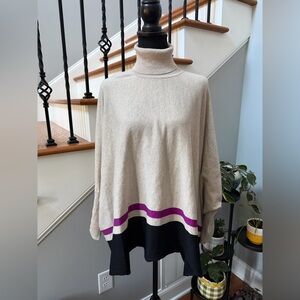 Elegant Cream, Navy and Purple Turtleneck Sweater Poncho